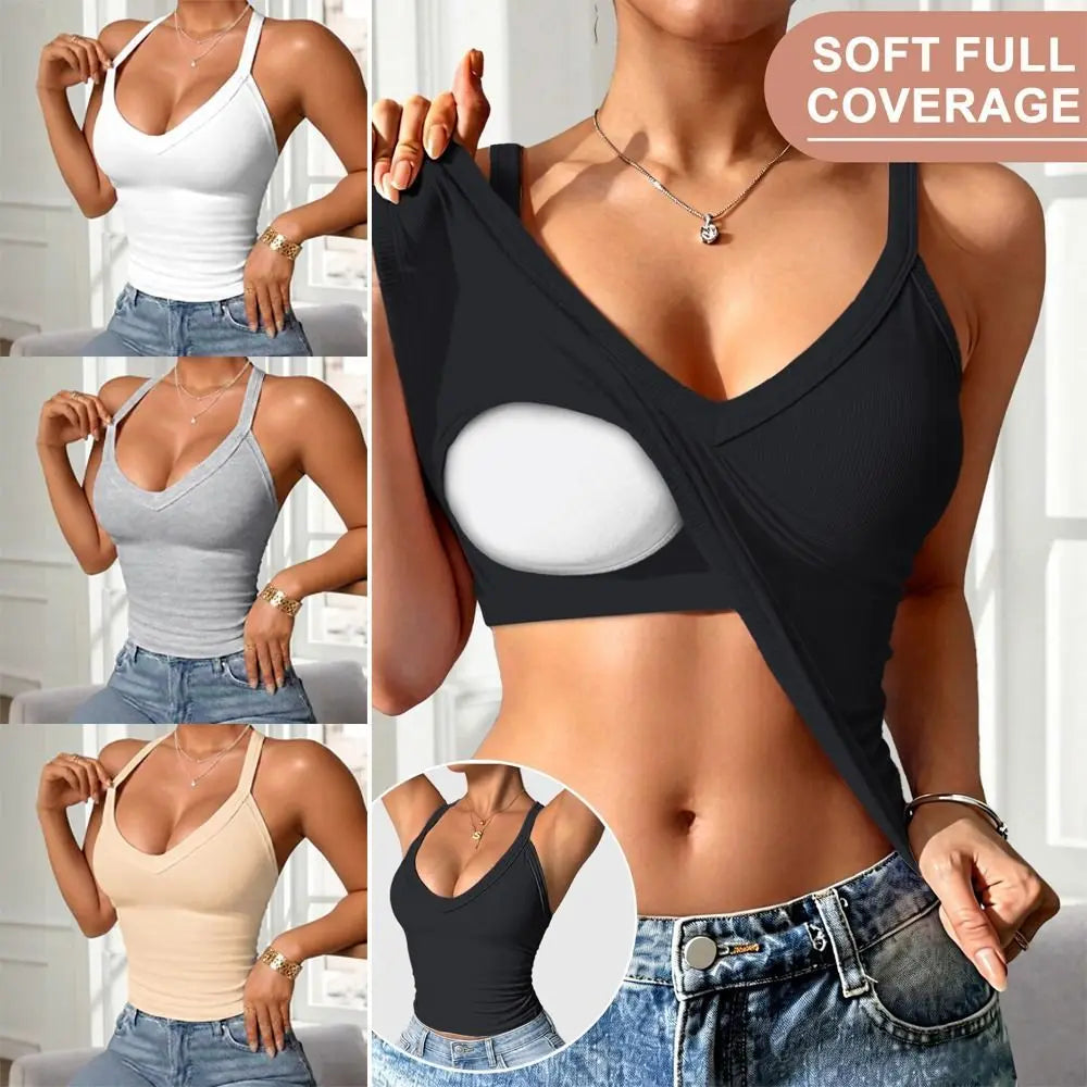 New Solid Color Women Vest V-neck Design Breathable Lady Tanks Top Slimming Built in Bra Camisole Daily Wear