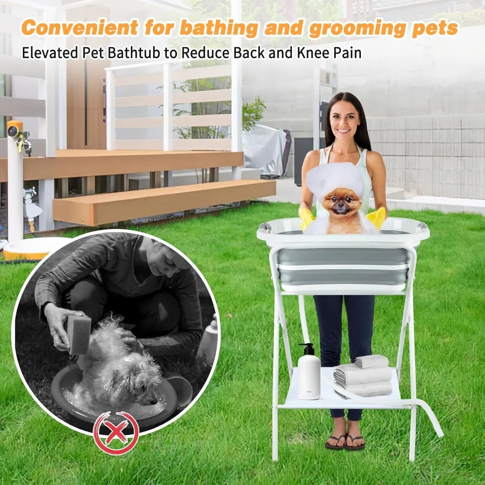 US Local Stock Portable Dog Bath Tub Elevated Collapsible Pet Washing Station with Drainage for Bathing Shower Grooming Puppy