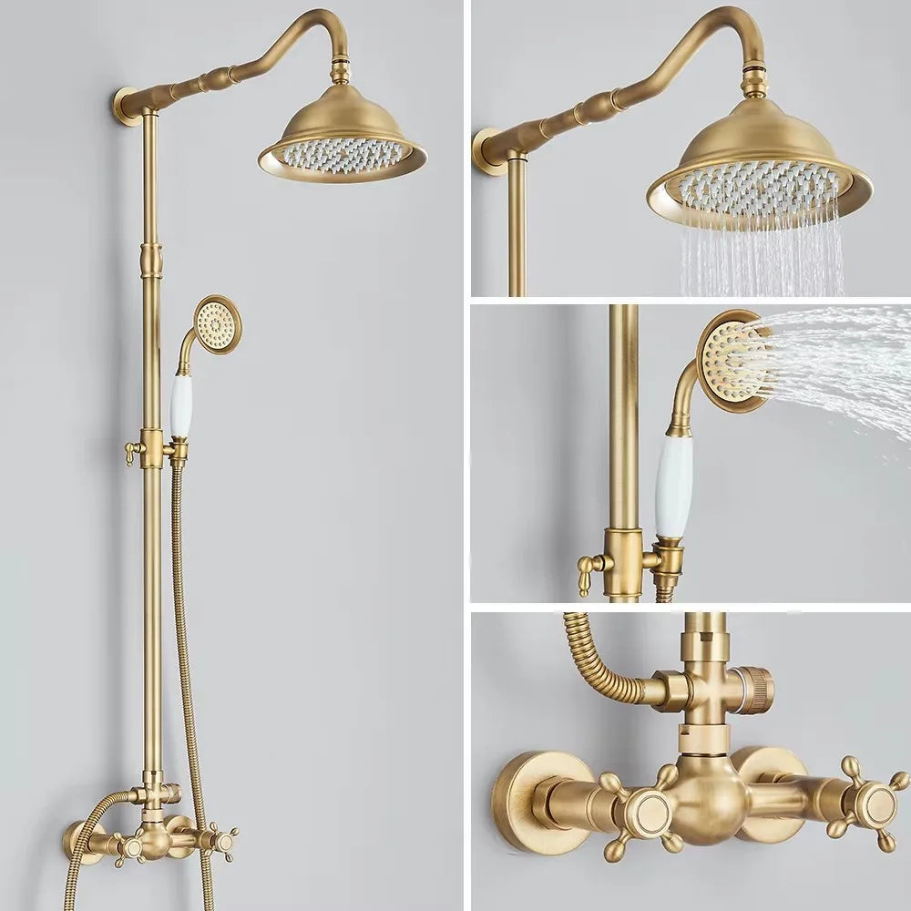 Antique Brass Shower Faucet Set Rainfall Head Shower with Handshower Wall Mount Dual Handle Mixer Bathroom Shower System