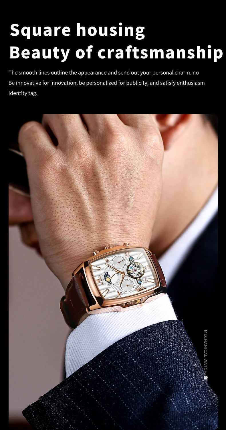 OLEVS 6675 Mens Watch Flywheel Multifunctional Chronograph Mechanical Watch Leather Strap Square Watches For Man High Quality