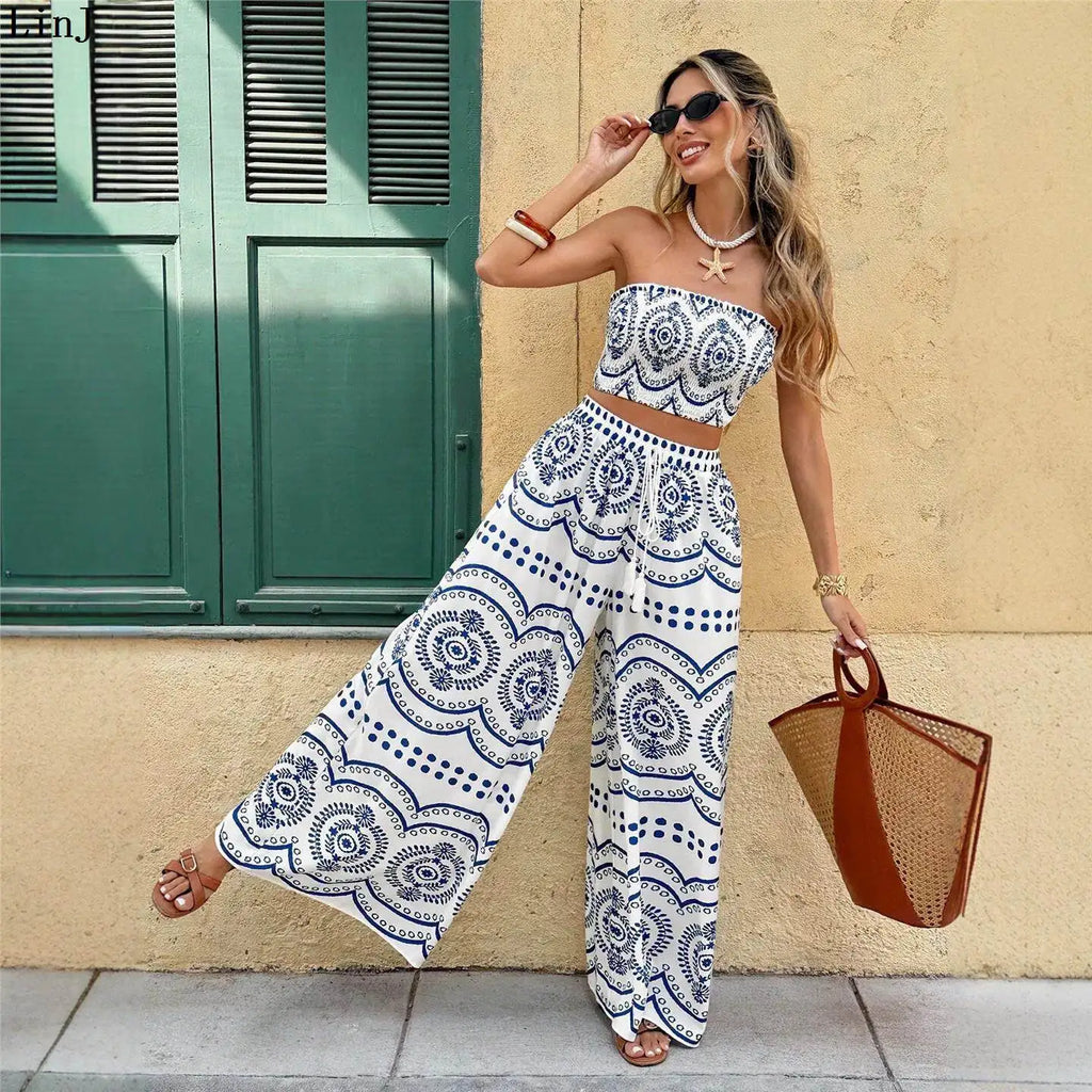 Bohemian Print Crop Top And Wide Leg Pants Two Piece Set for Women Summer Fashion Outfit Spicy Girl Casual Wear