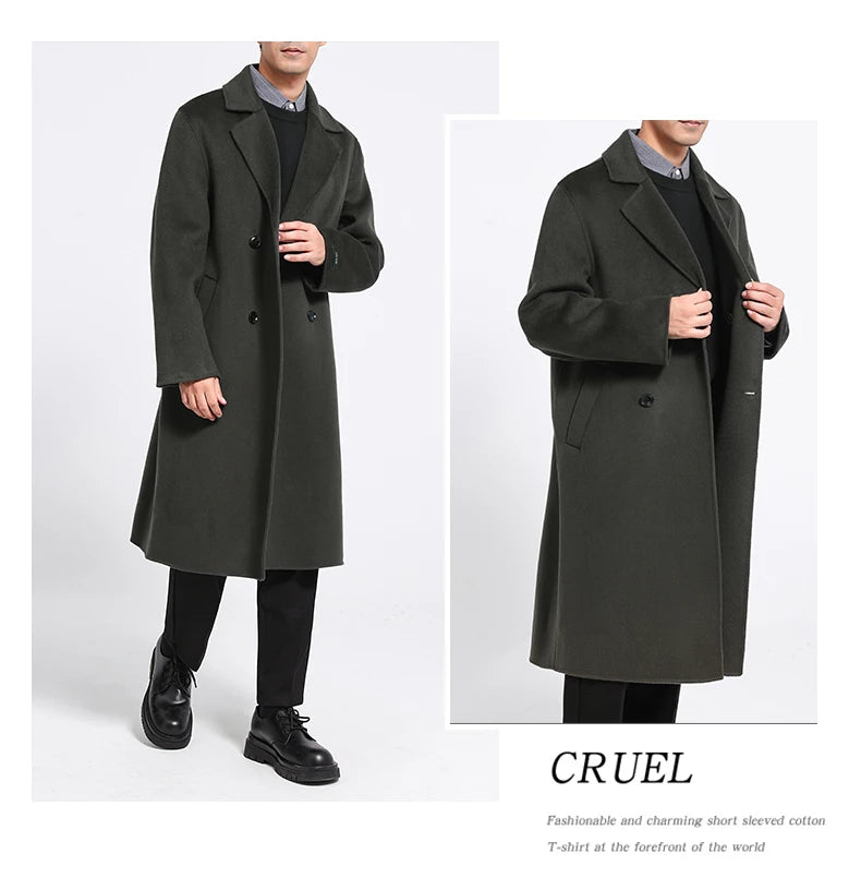 Men's 100% Cashmere Thick Double-Sided Extended Coat, Classic and Versatile Fashion for Business and Leisure
