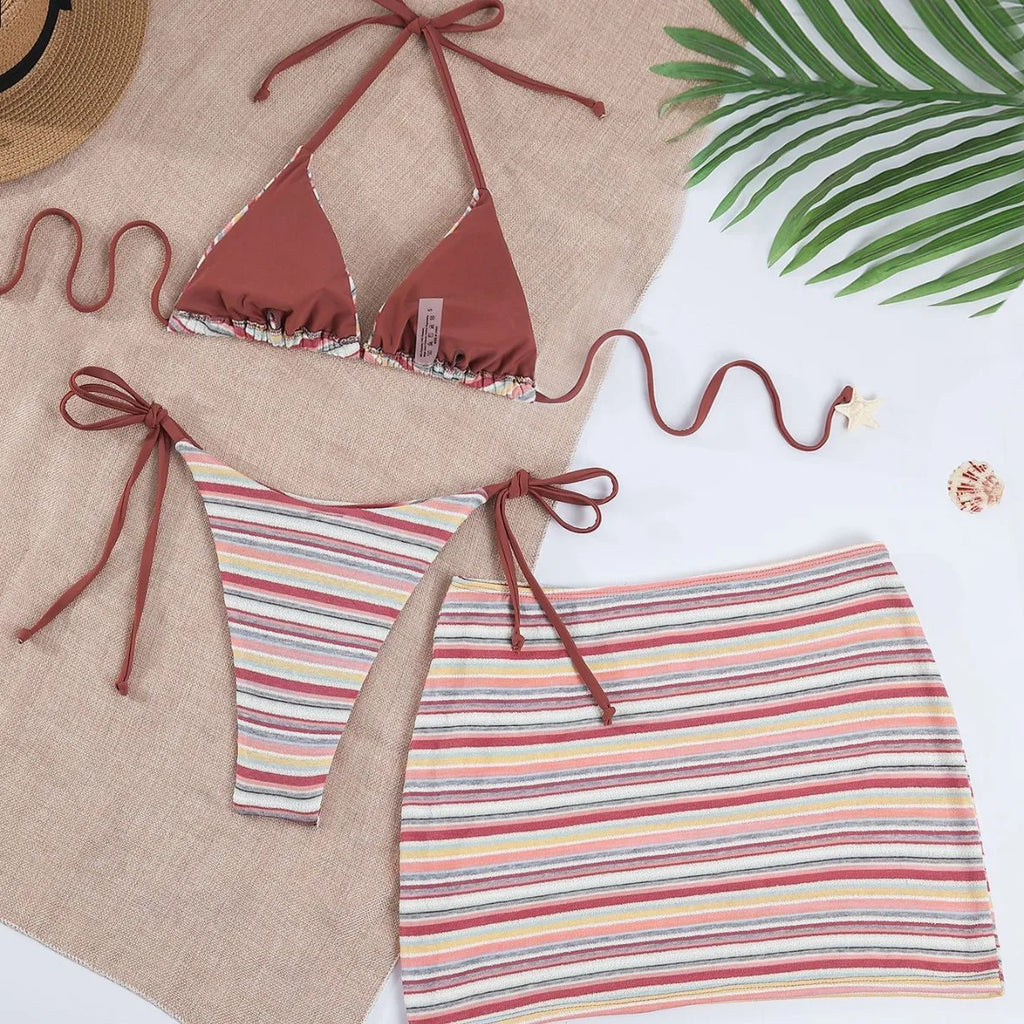 Women Retro Stripe 3 Piece Bikini Set Halter Tie Triangle Top Side Tie Swimsuits Mini Wrap Skirt Cover Up Beach Bathing Suit