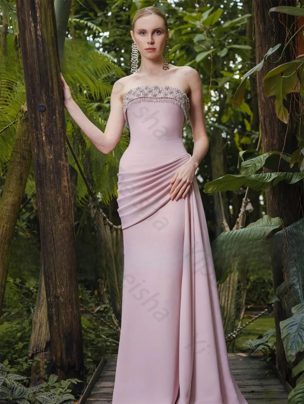 Customized 2026 Pink Strapless Beaded Bodice Ruched Waist Mermaid Zipper Pleated Gown Formal Prom Wedding Evening Party Dress