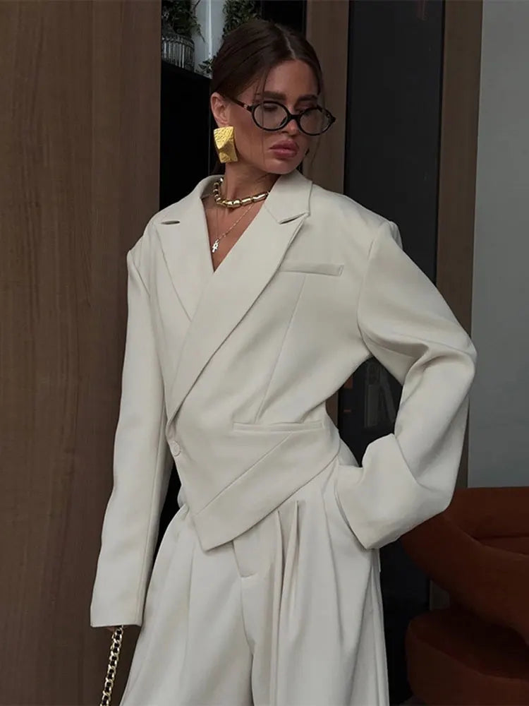Women Solid Top Pants Set Lapel Neck Single Breasted Oversized Coats Ruff Leg Loose Pants Set Lady Spring Chic Casual Sets Wear