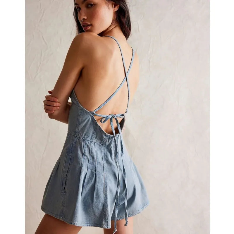 Women's Denim Suspender Playsuits Lace-up Backless Loose Short Jumpsuit For Women Summer Casual Solid Wide Leg Pants