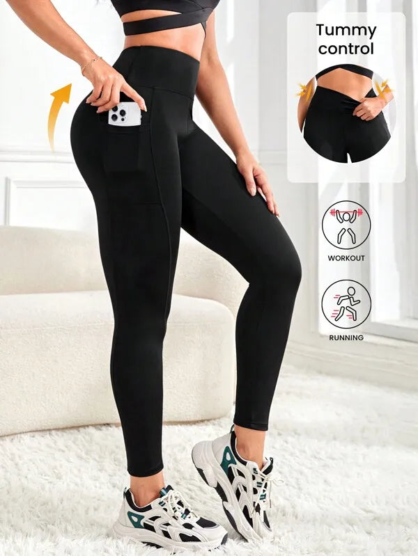 Women's high-waisted solid color pocket yoga leggings, slim-fit stretch leggings, comfortable and breathable fitness pants