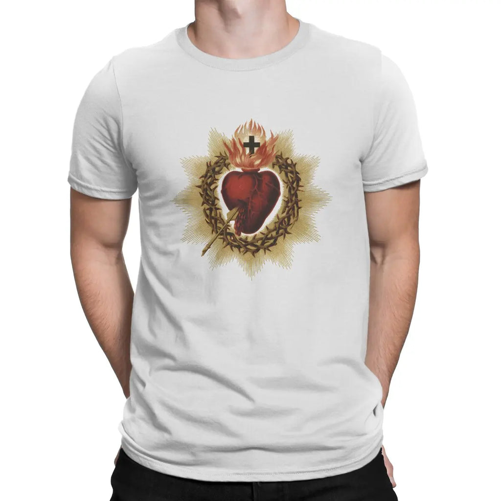 Sacred Heart  Catholic T Shirt Men Cotton Vintage T-Shirt Crewneck Jesus God Cross Tee Shirt Short Sleeve Clothing Gift Idea