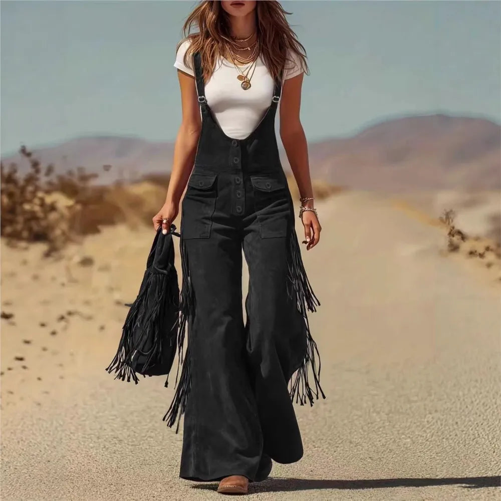 Women's Fashion Retro Western Tassel Wide Leg Jumpsuit 2026 New Casual Pocket Straps Female All-Match Rompers