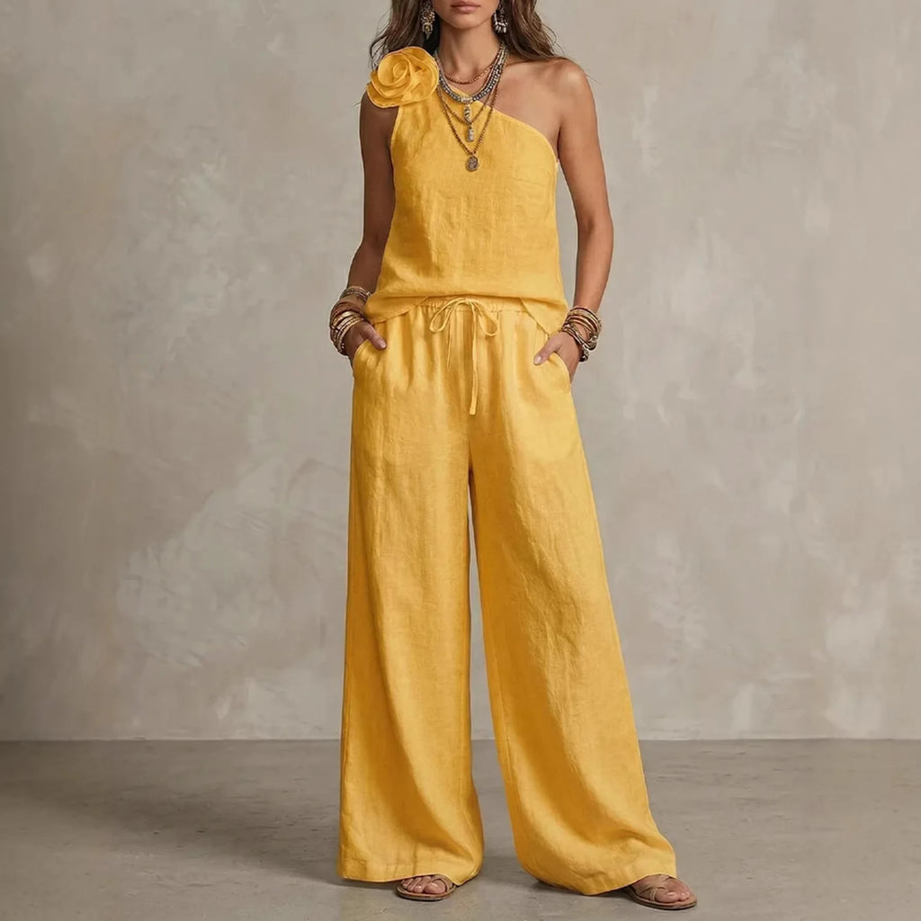 Women's Two-piece Set Slant Collar Top Wide-leg Pants 2026 Summer One-shoulder Suspender Trousers Solid Color New Flower Suit