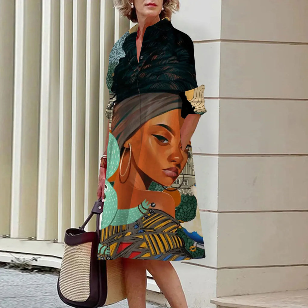 MCDV New Simple Women's Shirt Casual Queen Printed Long Sleeve Fashion Elegant Lapel Pocket Street Women's Dresses Noble Black