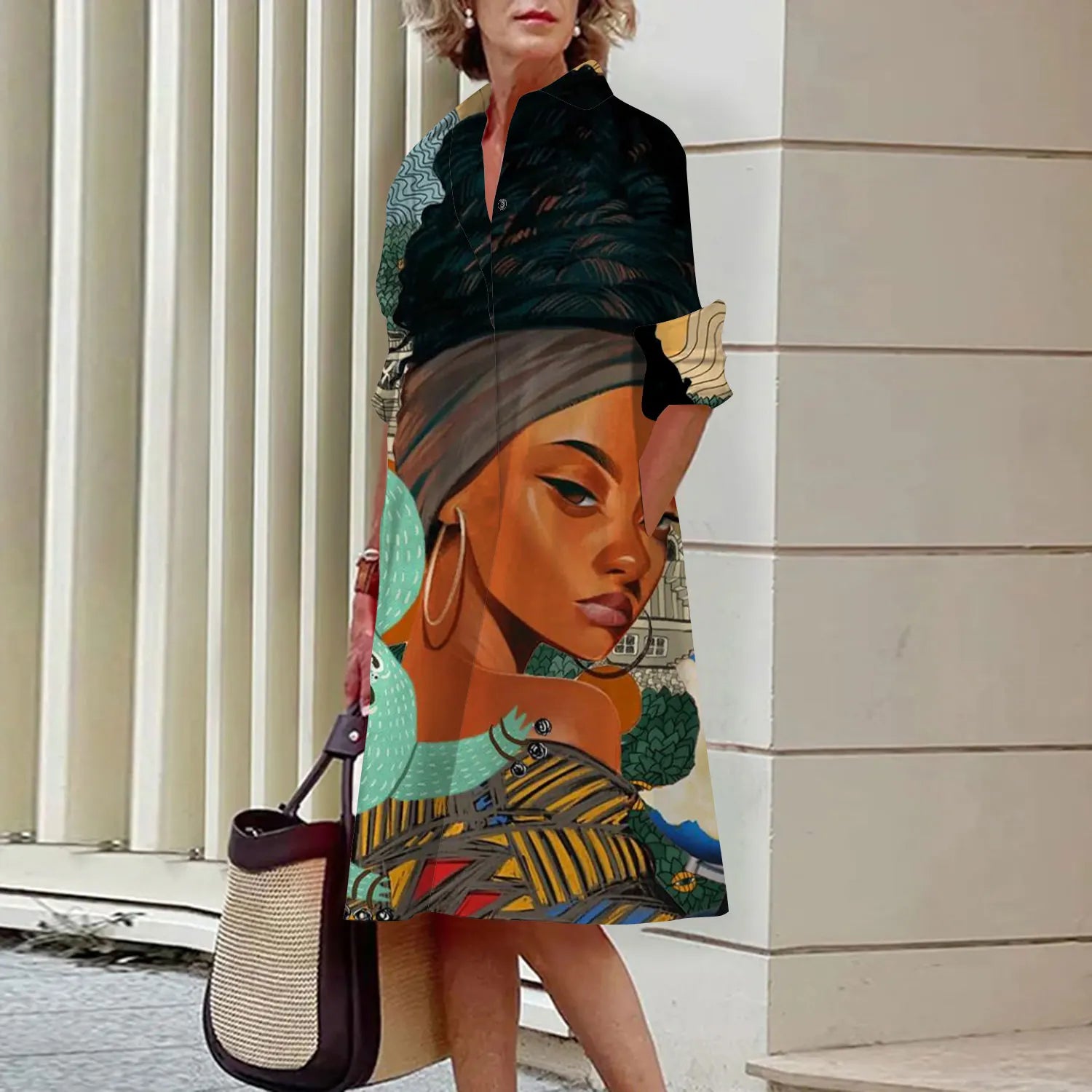 MCDV New Simple Women's Shirt Casual Queen Printed Long Sleeve Fashion Elegant Lapel Pocket Street Women's Dresses Noble Black