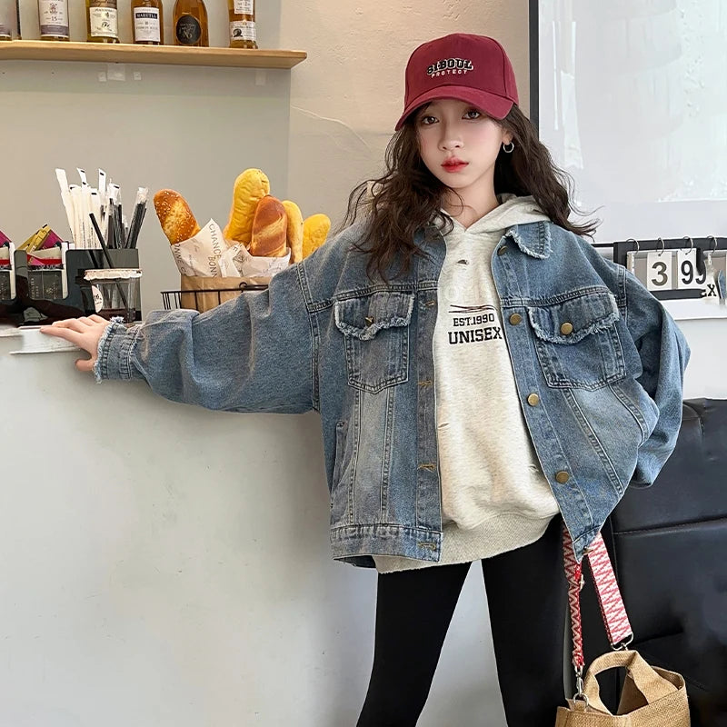 Girls Denim Jacket Spring Autumn 2026 New Style Casual Versatile Loose Button Down Jean Coat Fashion Children's Clothing