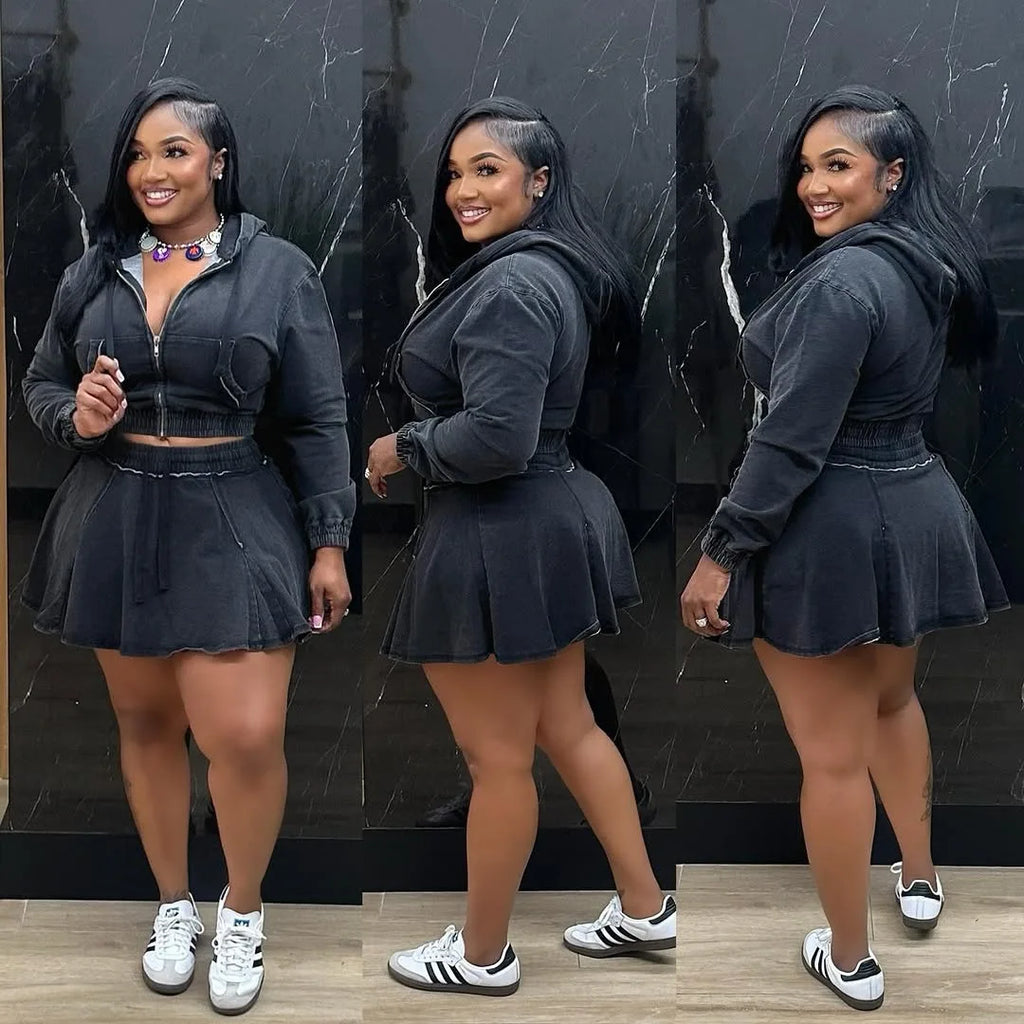 New TS1325 Women's Casual Washed Denim Short Skirt Set Fashionable Autumn Season Leisure Style Unisex Work Uniform Student Sc...
