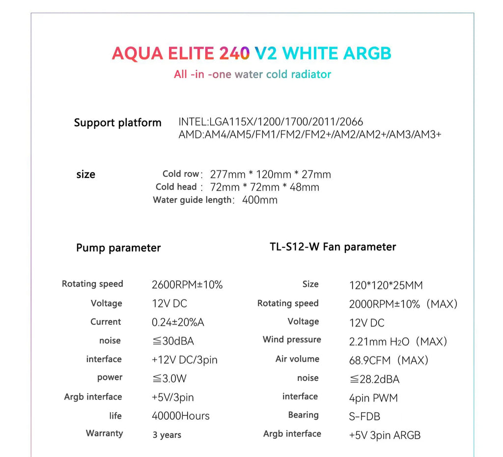 Thermalright Aqua Elite White 240 V2 All-in-one water cooling radiator Halo ARGB supports LGA1700/115X/2011/AM5/AM4