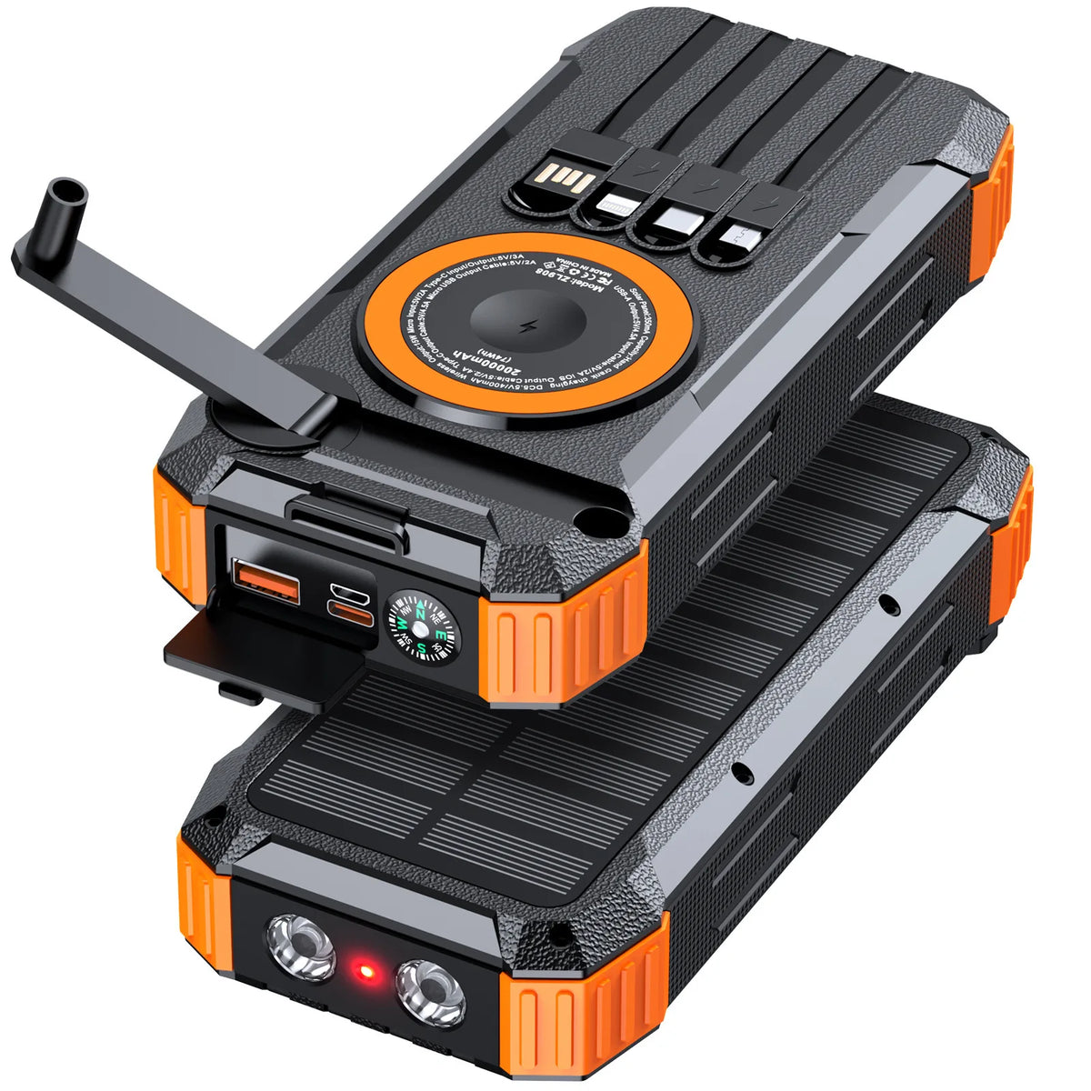 New 50000mAh Solar Power Bank Hand Crank Generator Portable Outdoor Emergency Charger with 4 Built-in Cables Dual LED Flashlight