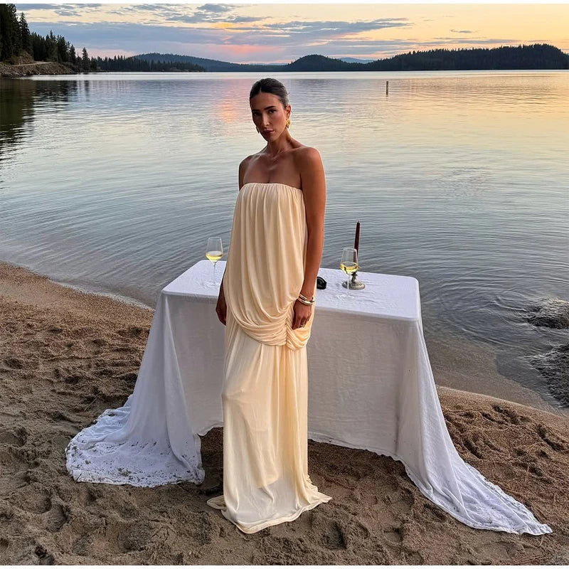 Sexy Pleated Strapless Maxi Dress Women Chic Solid Sleeveless Backless Loose Long Dresses 2026 Summer Lady Vacation Beach Outfit