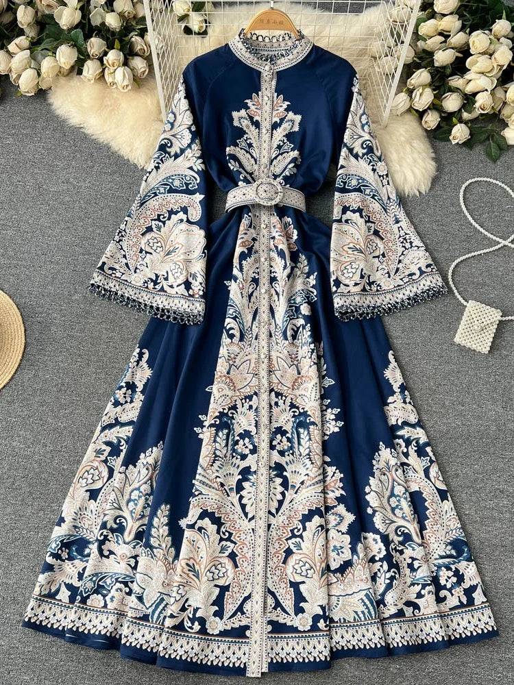 Spring Autumn Vintage Print Long Robe Women Round Neck Flare Sleeve Elegant Dresses Single Breasted Irregular Pleated Maxi Dress