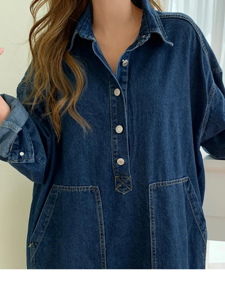Korean Loose Drawstring Denim Dress Women Chic Split Women's Dresses Elegant Blue Pocket Dresses Korea
