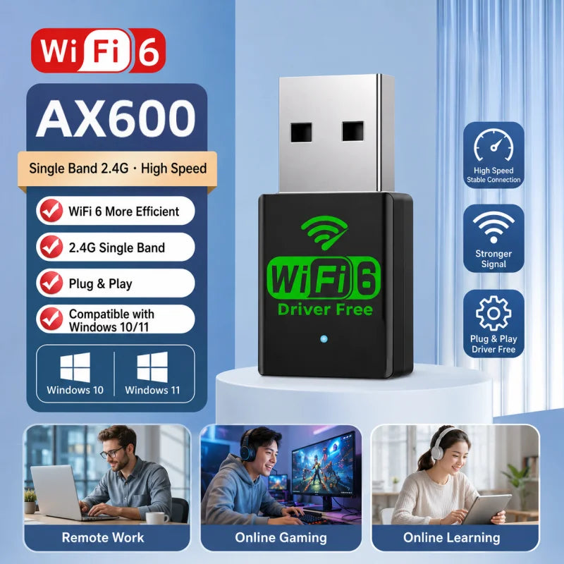 USB Wireless Network Card WiFi6 AX900/600 Dual Band 2.4G 5G + BT 5.4 Network Adapter for Windows 10 11 Computer Network Accessor
