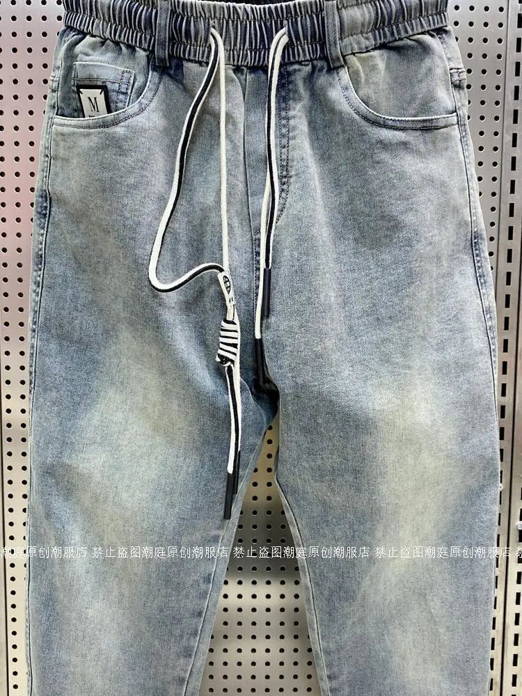 Spring Autumn New Kpop Loose Casual Men's Jeans Pants High-end Brand Loose Straight Pants Elastic Harlan Casual Trendy Dad Jeans