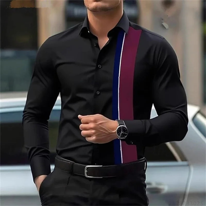 Men's fashionable contrast color striped long sleeve shirt European and American style business casual trendy casual men's shirt
