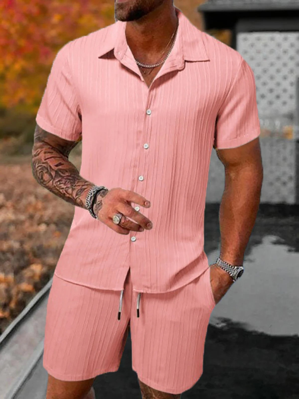 Lazy Street Style Vertical Stripe Slimming Shirt Shorts Two-piece Set No Need To Pair With Autumn Men's Thin Knit Sports Suit