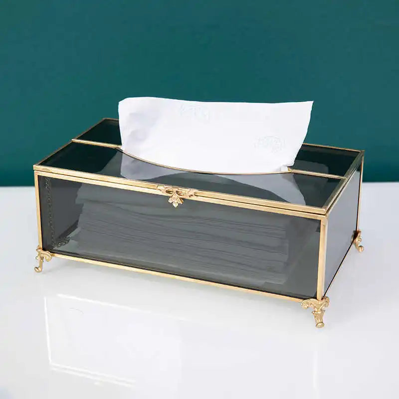 Vintage Brass Glass Tissue Box Living Room paper Storage Holder Tea Table Desktop Paper Box Hotel Restaurant Tissue Organizer