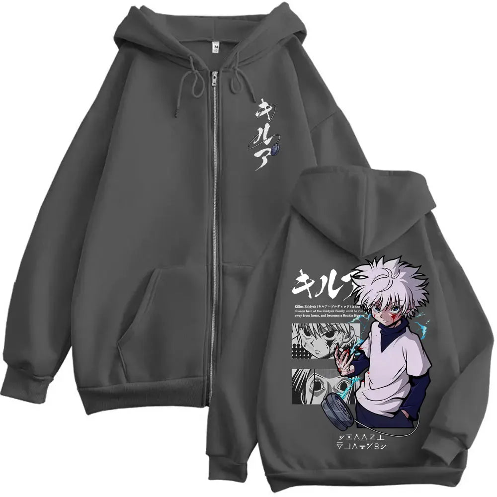 Anime Hunter X Hunter Zipper Hoodie Killua Zoldyck Graphic Hoodies Men Women Vintage Oversized Fleece Cotton Zip Up Jacket Coat
