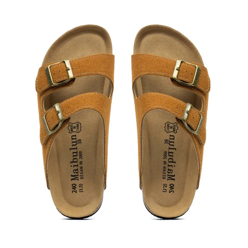 Nubuck Women Cork Slippers Summer Mule Clogs Flats Sandals Slides Casual Beach Couple Double Buckle Soft Shoes Footwear Big Size