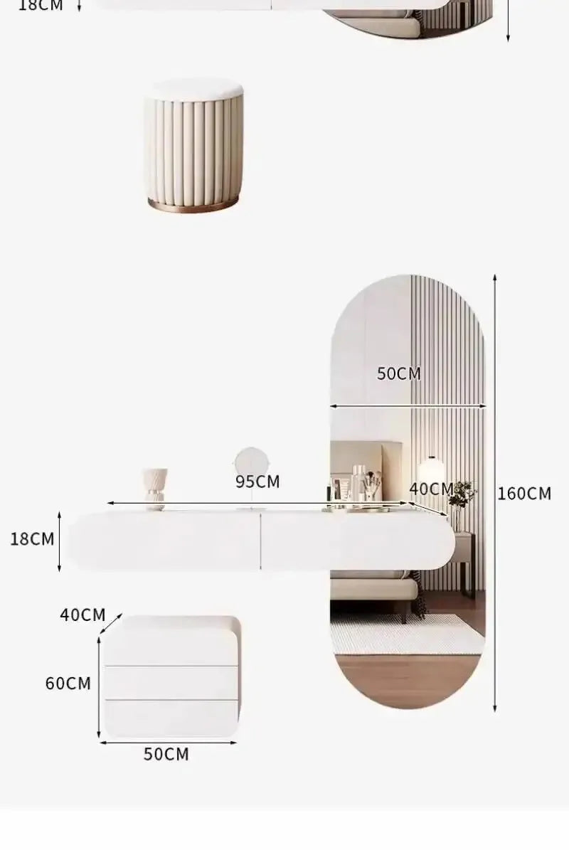 Cream Minimalist Wall Mounted Dressing Table with Mirror Suspended Vanity Desk for Bedroom Small Space Modern Makeup Table
