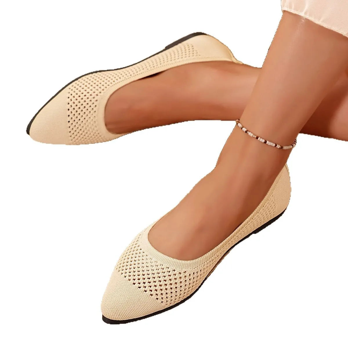 Women Lightweight Solid Knitted Shoes Women Pointed Toe Flats Breathable Mesh Casual Ballet Sneakers Slip on Ladies Loafers
