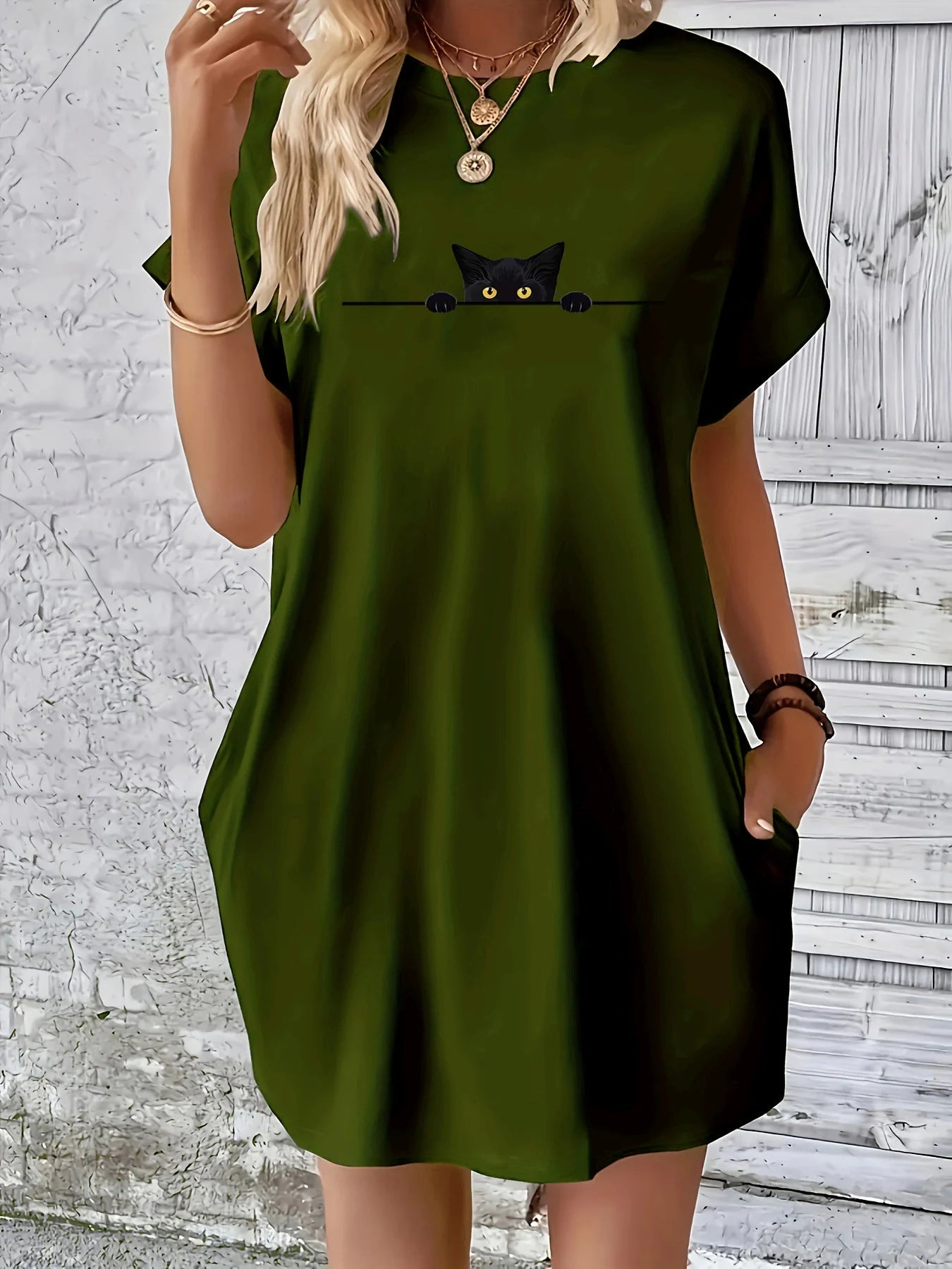Women's Summer Loose Large Personalized Cat Pattern Printed Round Neck Short Sleeve Pocket Comfortable Casual Dress