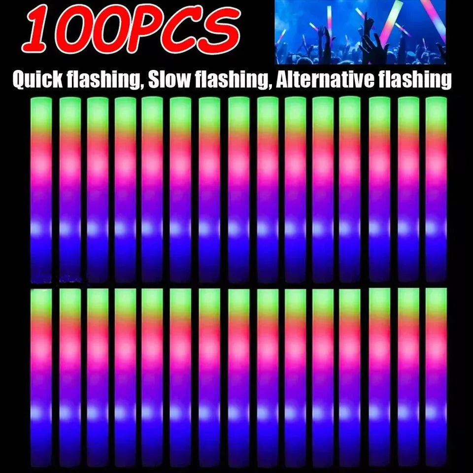 Glow Sticks Bulk 100Pack LED Light Up Foam Sticks 3 Modes Color Flashing,Glow Party Supplies for Wedding Birthday Concert