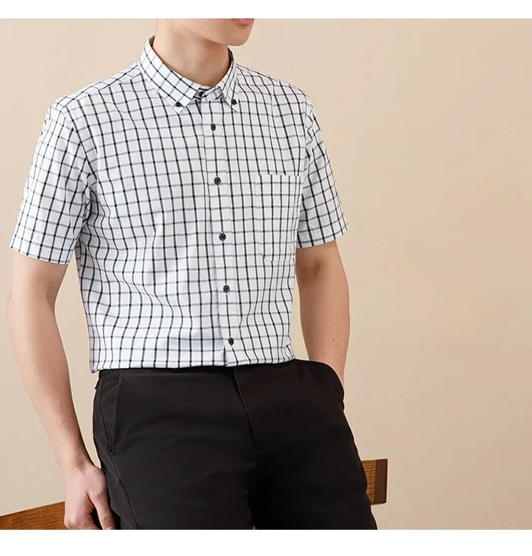 New In Shirt Summer 100%Cotton Short Sleeve Shirts for Men Slim Fit Formal Plain Shirt Designer Plaid Korean Popular Clothes