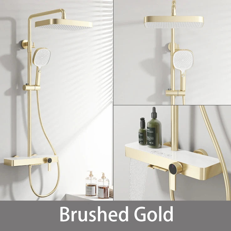 Brushed Gold Piao Bathroom Shower System Set Brass Waterfall Bathroom Faucet 12 Inch Rain Shower Head Hot Cold Piano Shower Set
