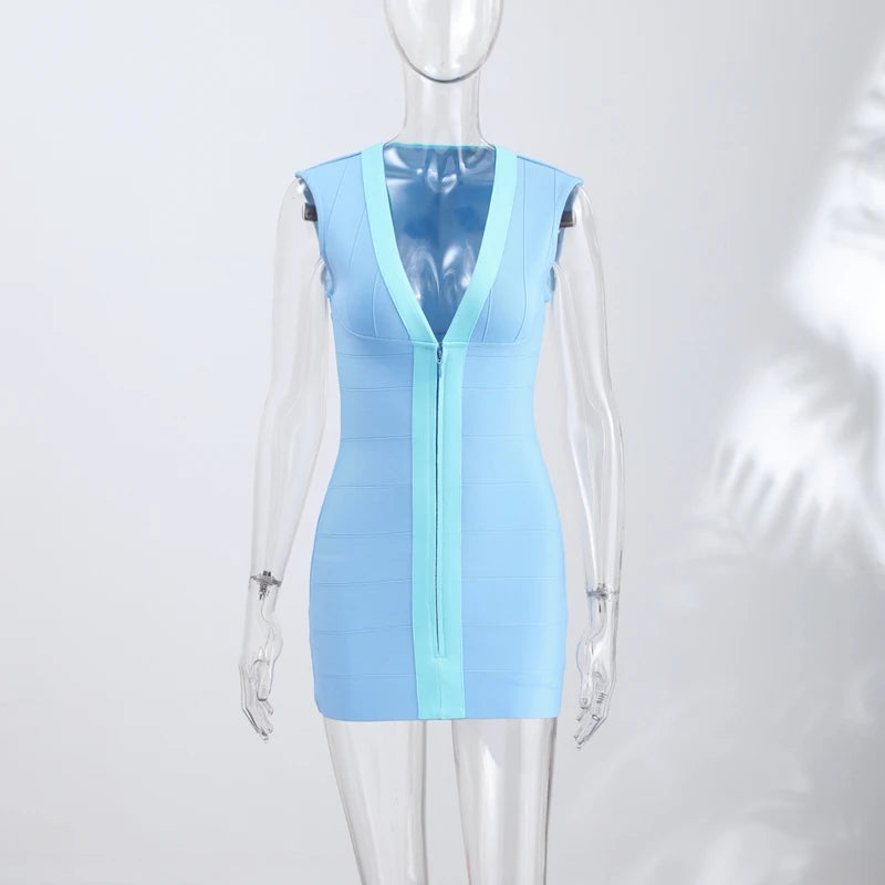 Elegant V-Neck Women's Dress Sleeveless Zippers Elastic Hip Package Lady Mini Dresses 2026 Summer Autumn Chic Female Robe