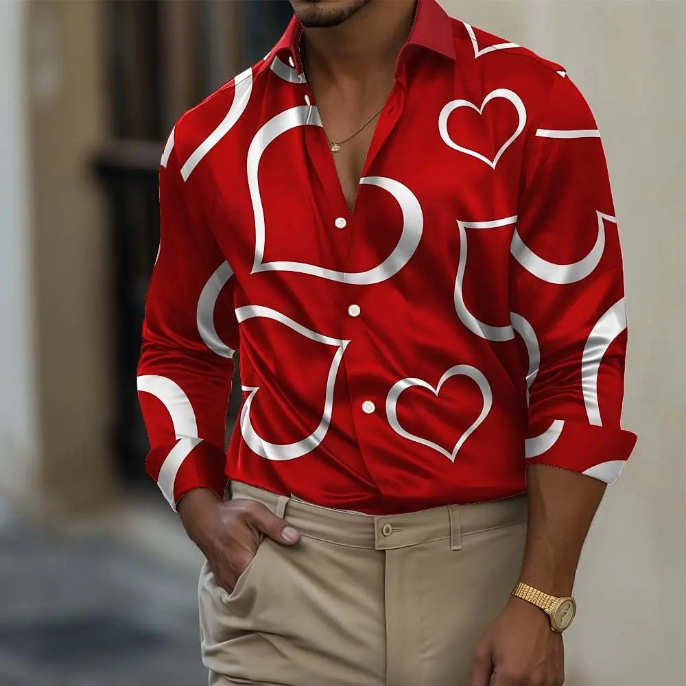 Men's Romantic Gift Heart-shaped Shirt Long Sleeve Fashion Casual Summer Spring Fall Turndown 3D Print Button Up Shirts