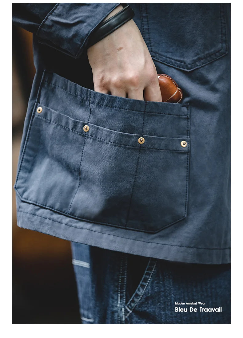 Maden Autumn Navy Blue Hunting Jacket for Men Turn-down Collar Asymmetrical Multipocket Cotton Casual Outerwear Coat Loose-fit