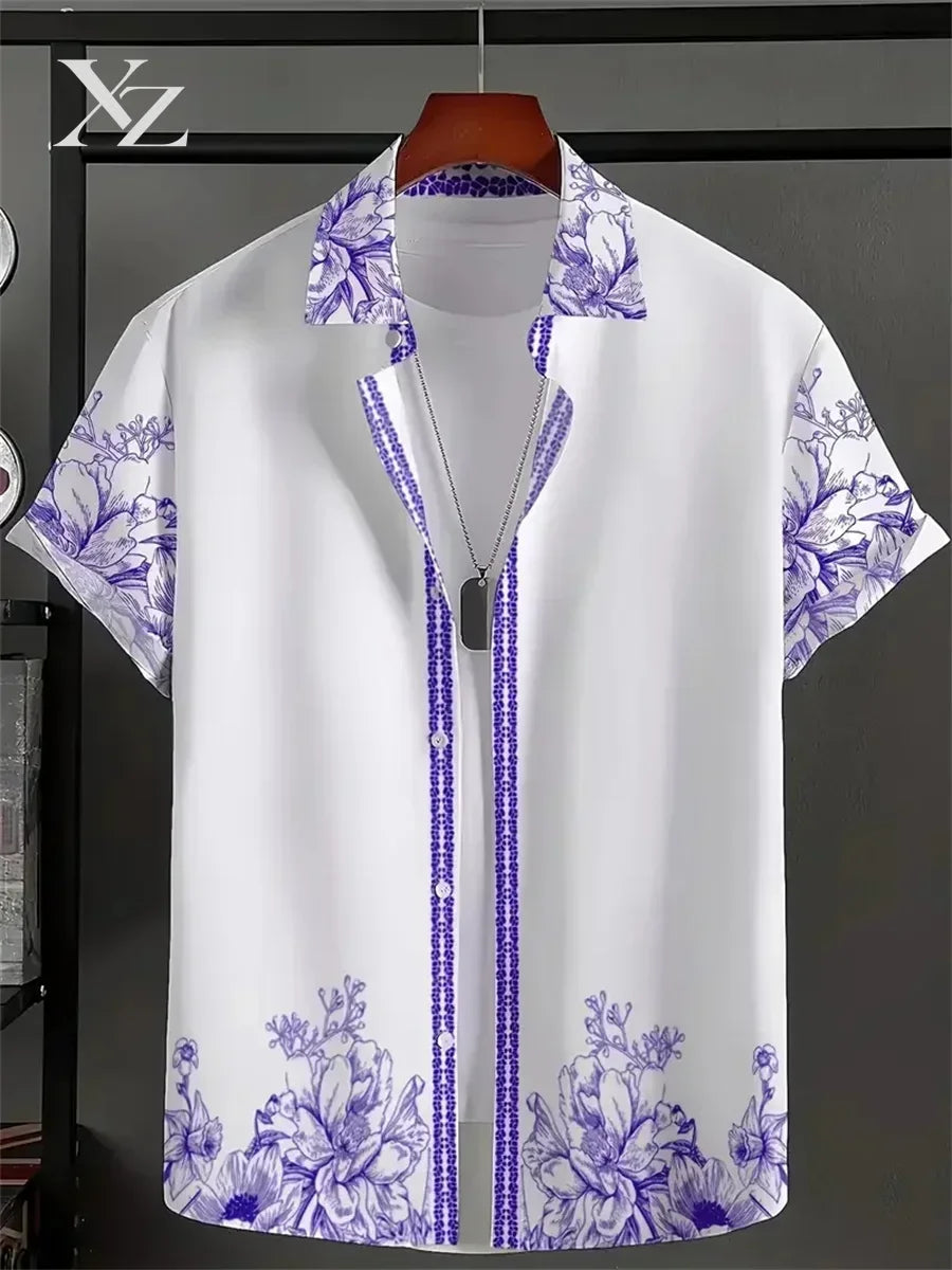 Men's Short-Sleeve Casual Loose-Fitting Lapel Hawaiian Shirt with Blue and White Porcelain Floral Print, New Summer Shirt