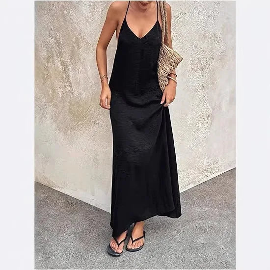 Women's New Solid Color Spaghetti Strap Deep Backless Loose Flowy Maxi Dress Elegant Comfort Casual Trendy Versatile Daily Dress