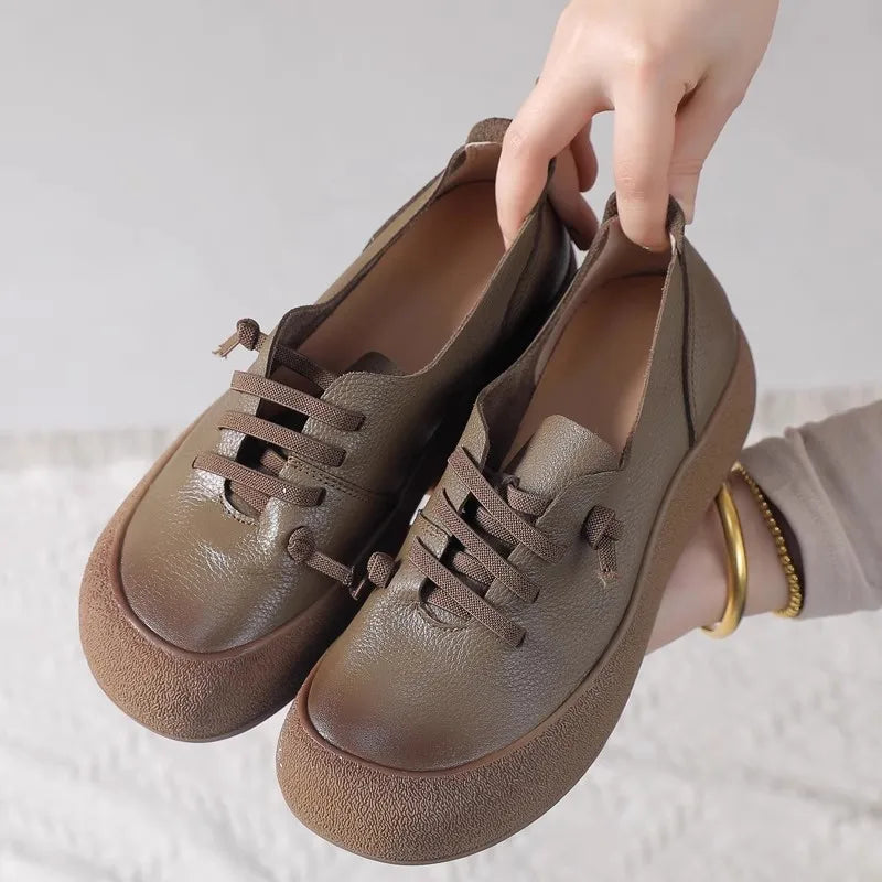 2025 Spring Autumn New Leather Women's Shoes Soft soled Comfortable Versatile Thick soled Casual Shoes Retro Leather Shoes