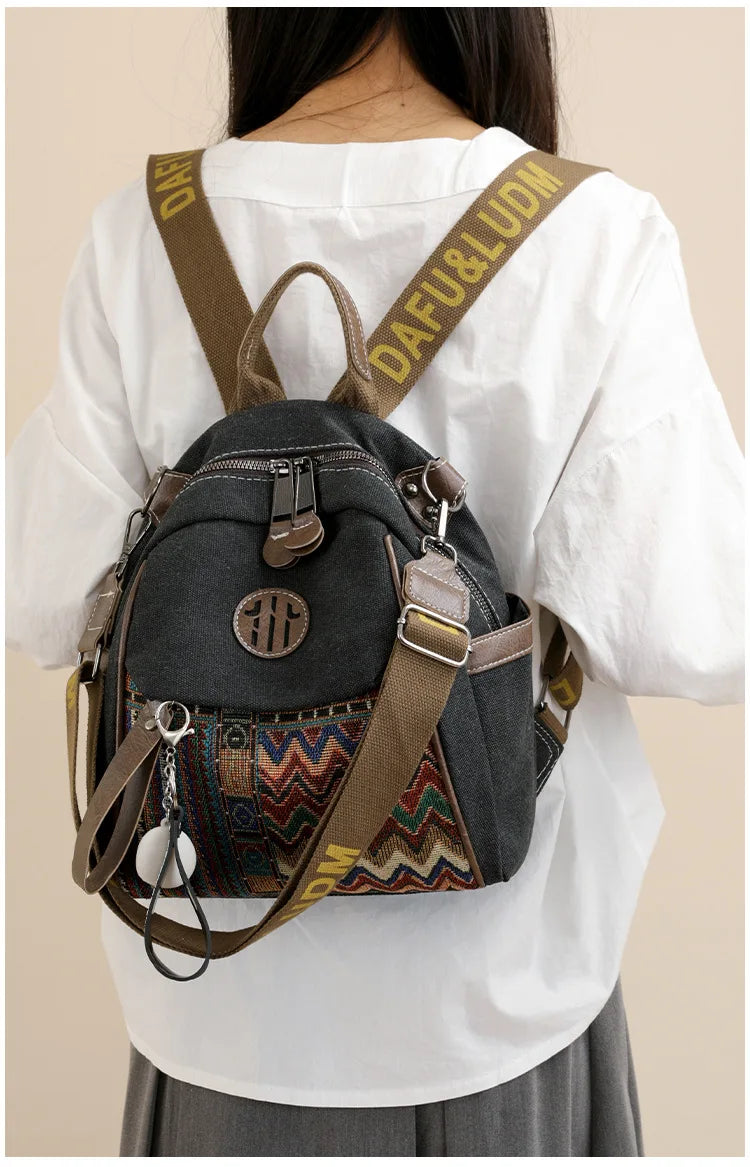 Denim ethnic style embroidered women's double shoulder bag, color-matched large capacity backpack, multi-purpose crossbody bag
