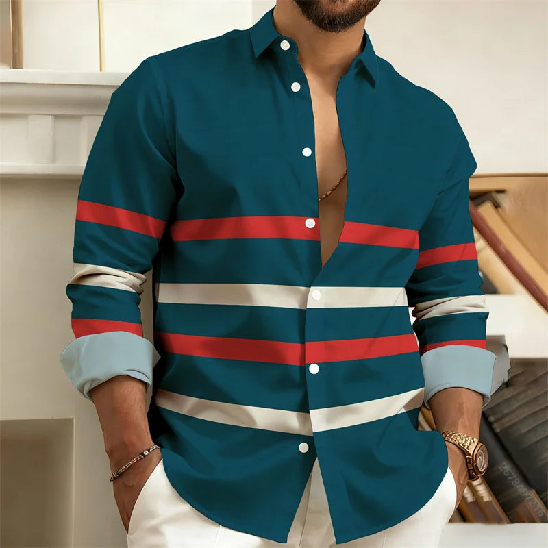 Men's Striped Long-Sleeved Shirt, Outdoor Street Style Casual Shirt for Men, Fashionable Lapel Men's Top, Comfortable Fabric.