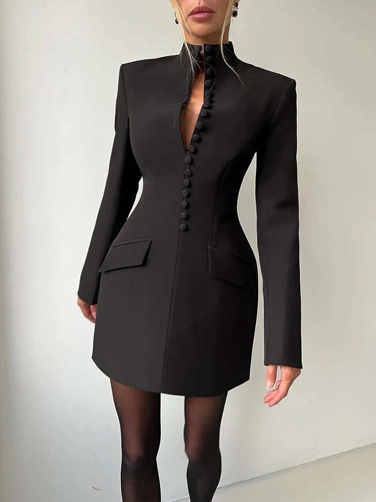 Nibber Elegant Fashion Office Style Dress Woman Button Pocket Decoration Stand Collar Simple Full Sleeve Casual Mini Bodycon