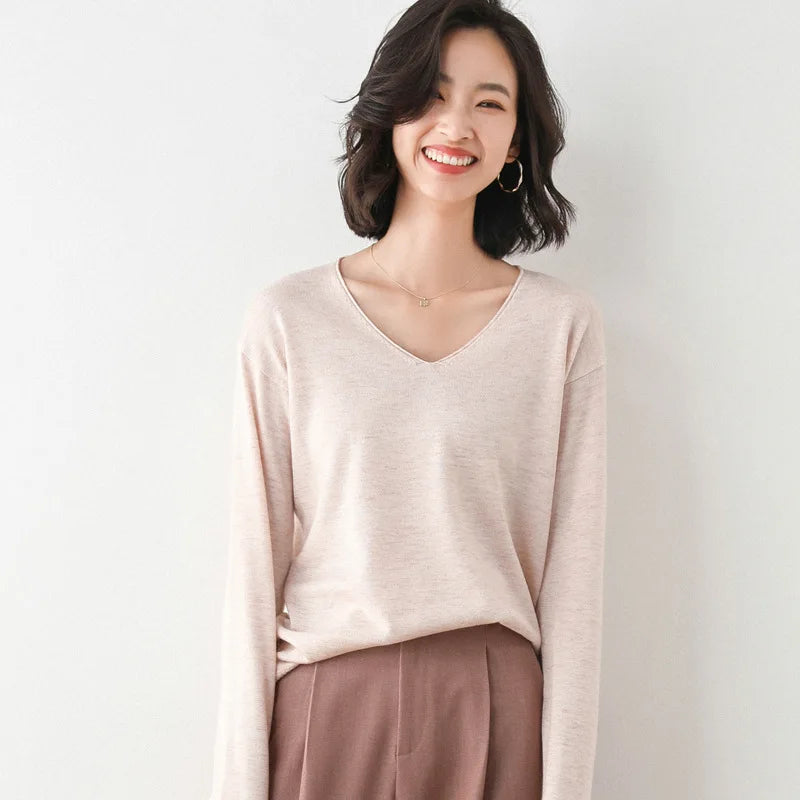 2025 Spring Autumn Womens Sweater Solid Knitwear Korean Loose Female Basic Casual Jumpers Stretch Pullover Sky Blue Pink Sweater