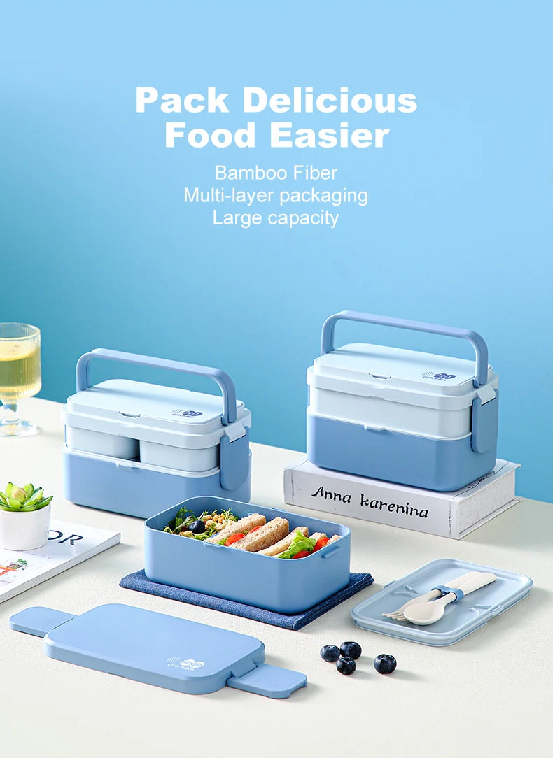Picnic Lunch Box Bamboo Fiber 3in1 Double Layer Microwavable Bento Box Food Storage Containers school Child Lunch Boxes for Kids