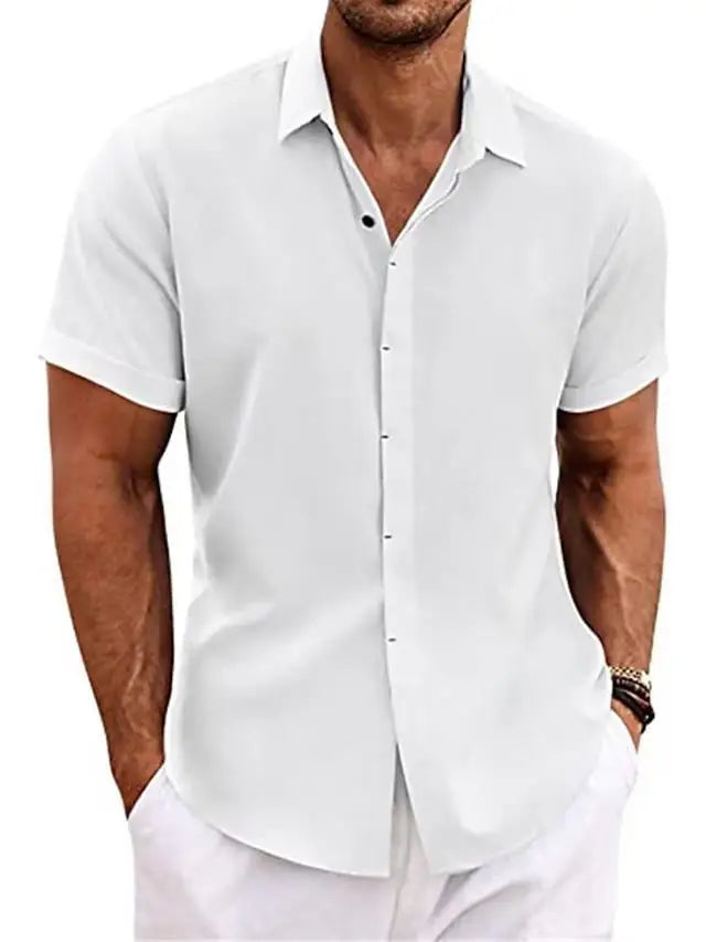 Men's Casual Beach Lightweight Linen Sve Shirt Color Standard Fit Short Sleeve Cleanfit PU Leather Inner Wear Pure Color