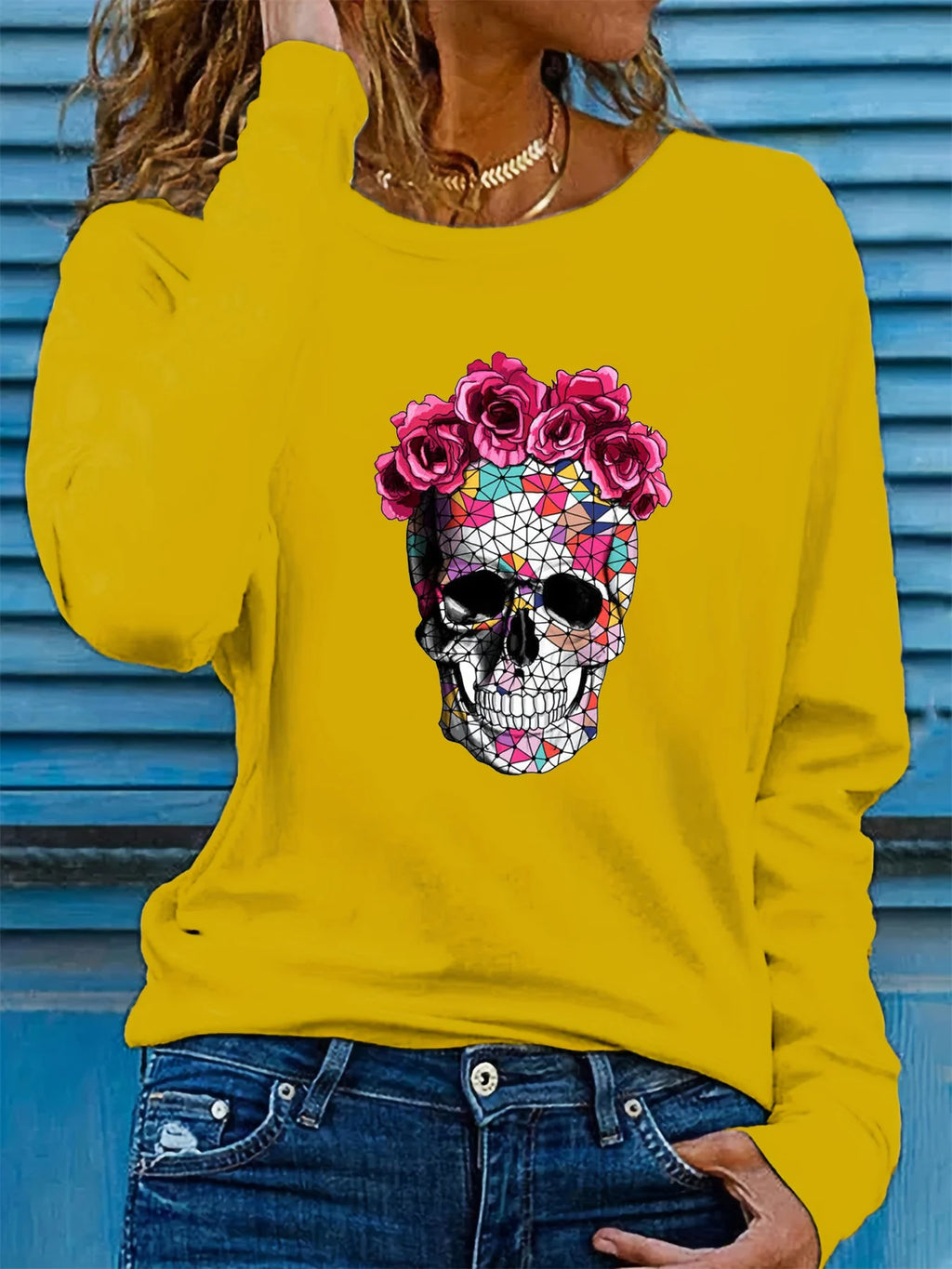 100% pure cotton women's spring and autumn loose casual skull and rose graphic printed long sleeved round neck T-shirt
