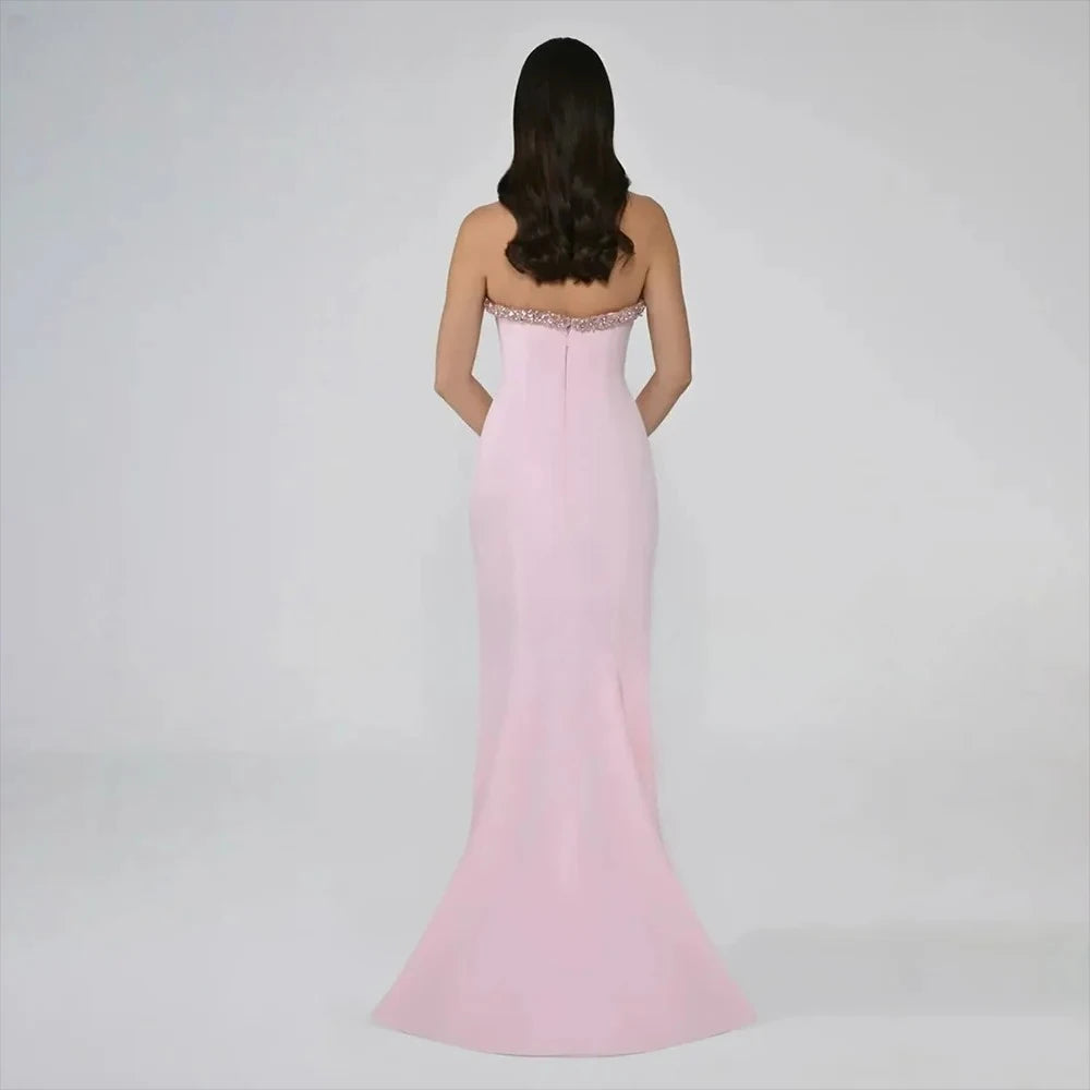Customized Women's Pink Strapless Asymmetrical Crystal Embellished High Slit Fitted Mermaid Dress for Formal Wedding Guest Event